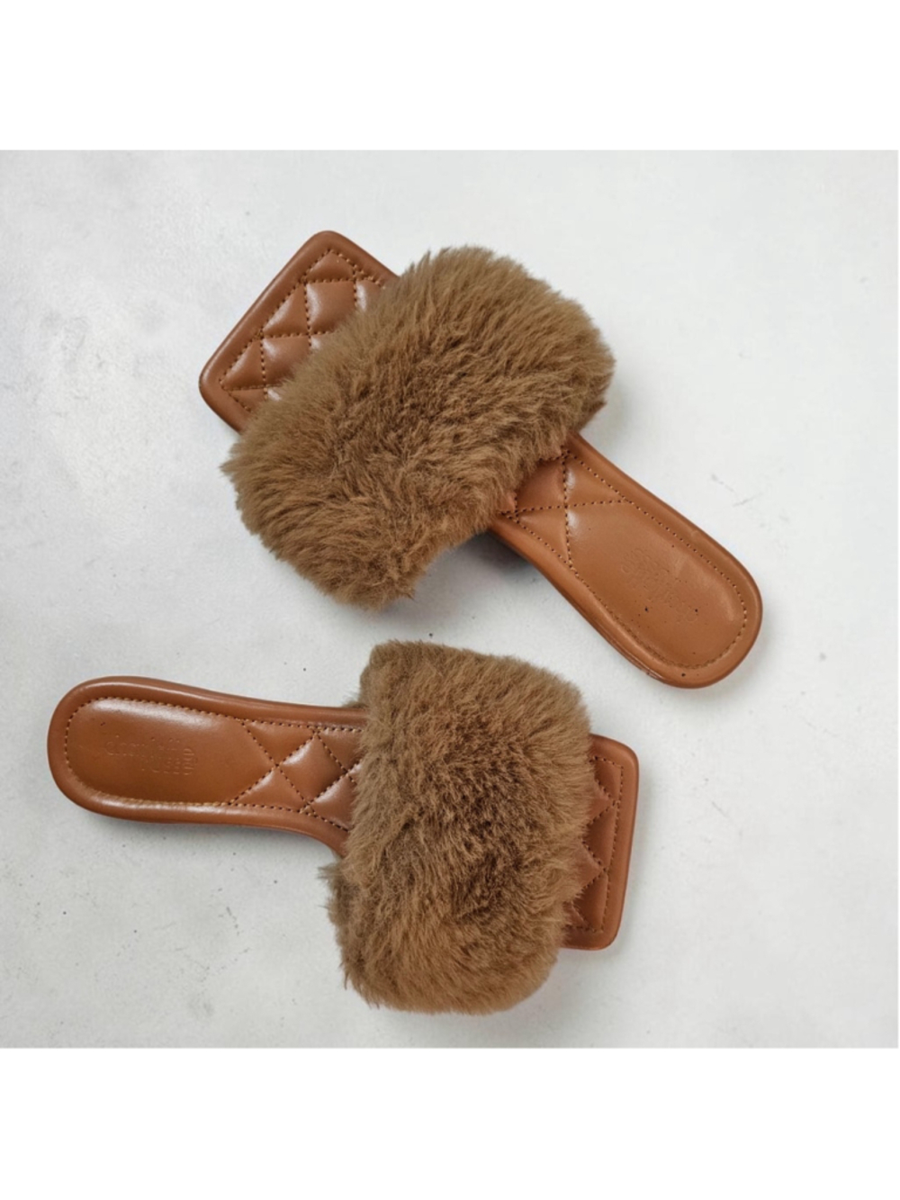 Charlotte Russe Faux Fur Slide Sandals Size 6 Brown Fuzzy Square Toe Quilted